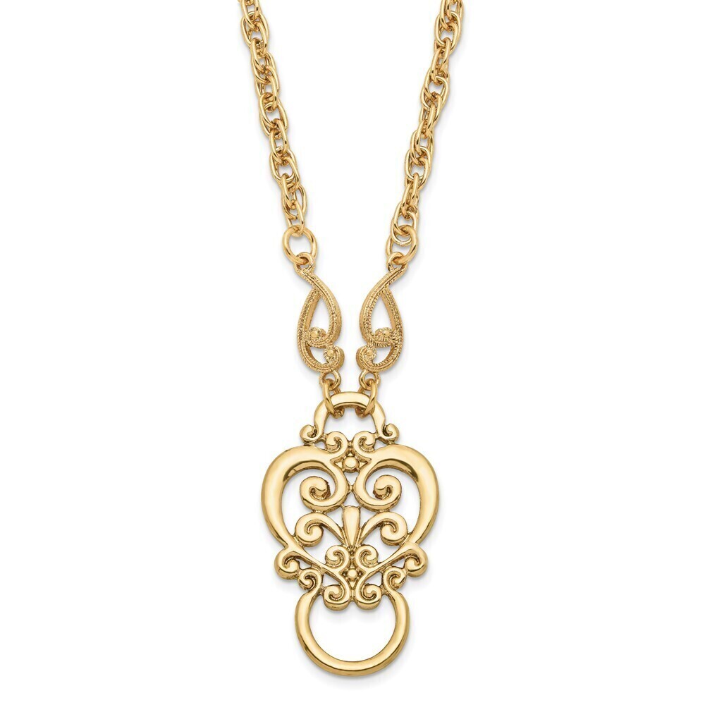1928 Gold-tone Fancy Filigree Scroll 28 inch Eye Glass or Badge Holder Necklace